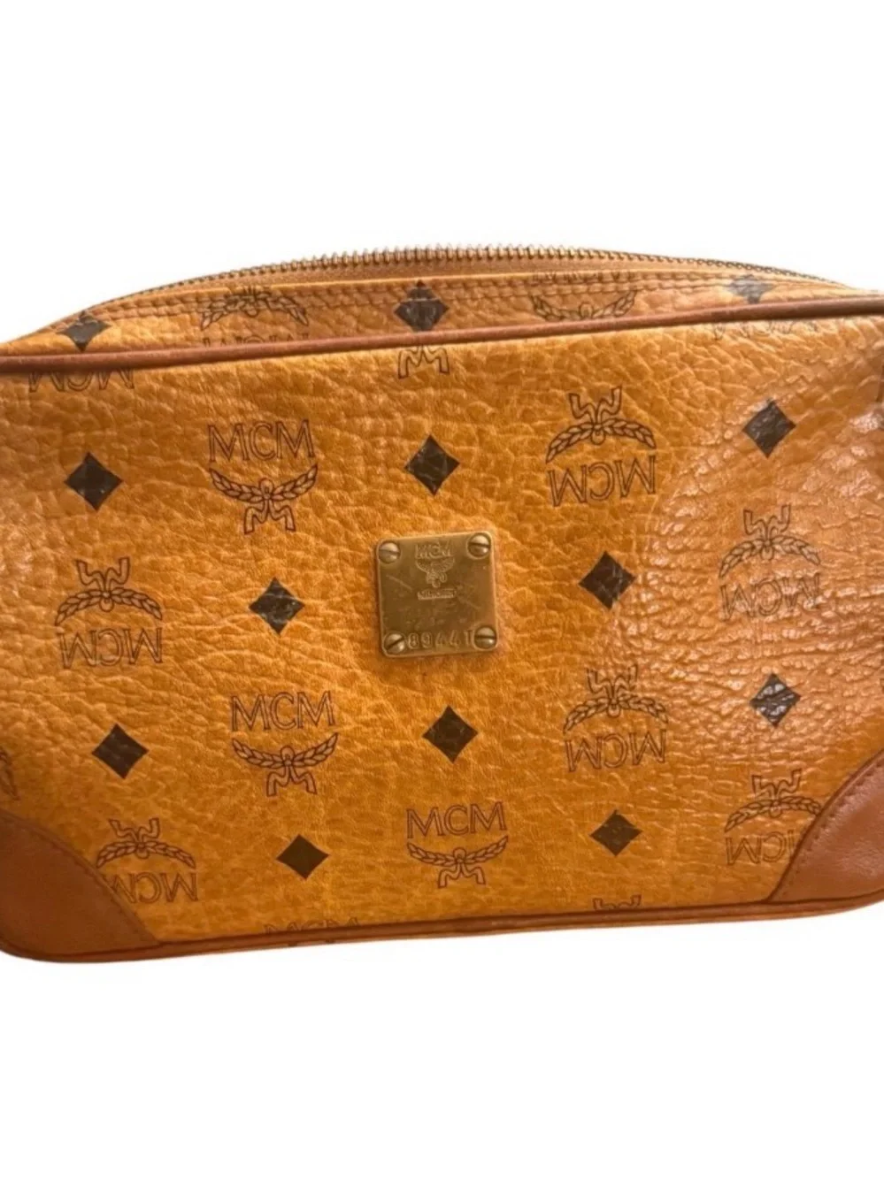 MCM Cognac Logo Visetos Toiletry Pouch